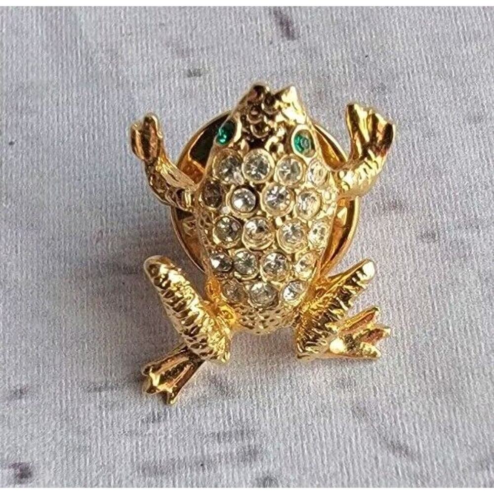 Frog Pin Gold tone with Rhinestones Green Eyes Hat Pin Brooch
